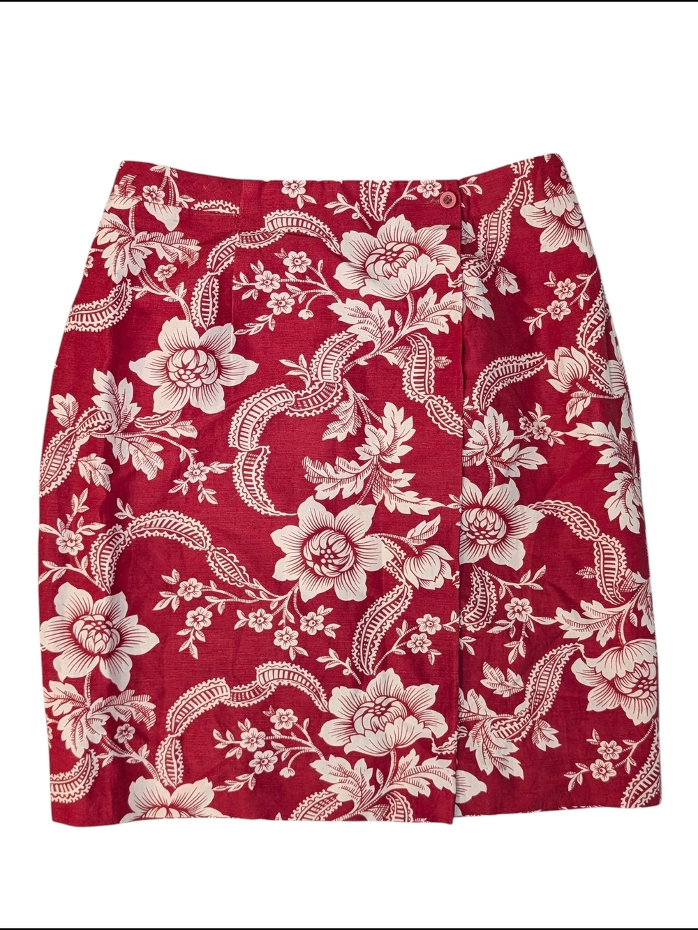 Vintage Chelsea Cambell 12 Red Floral Silk Linen Wrap Skirt Tropical 90s Natural